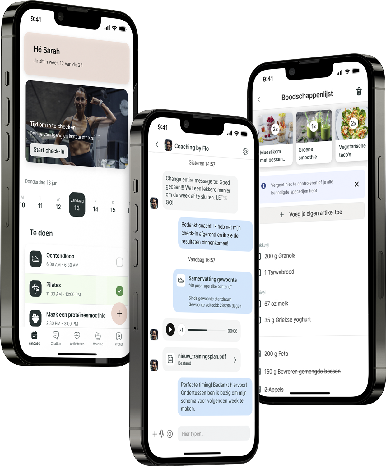 Een mockup van de coaching app die de functies laat zien.
